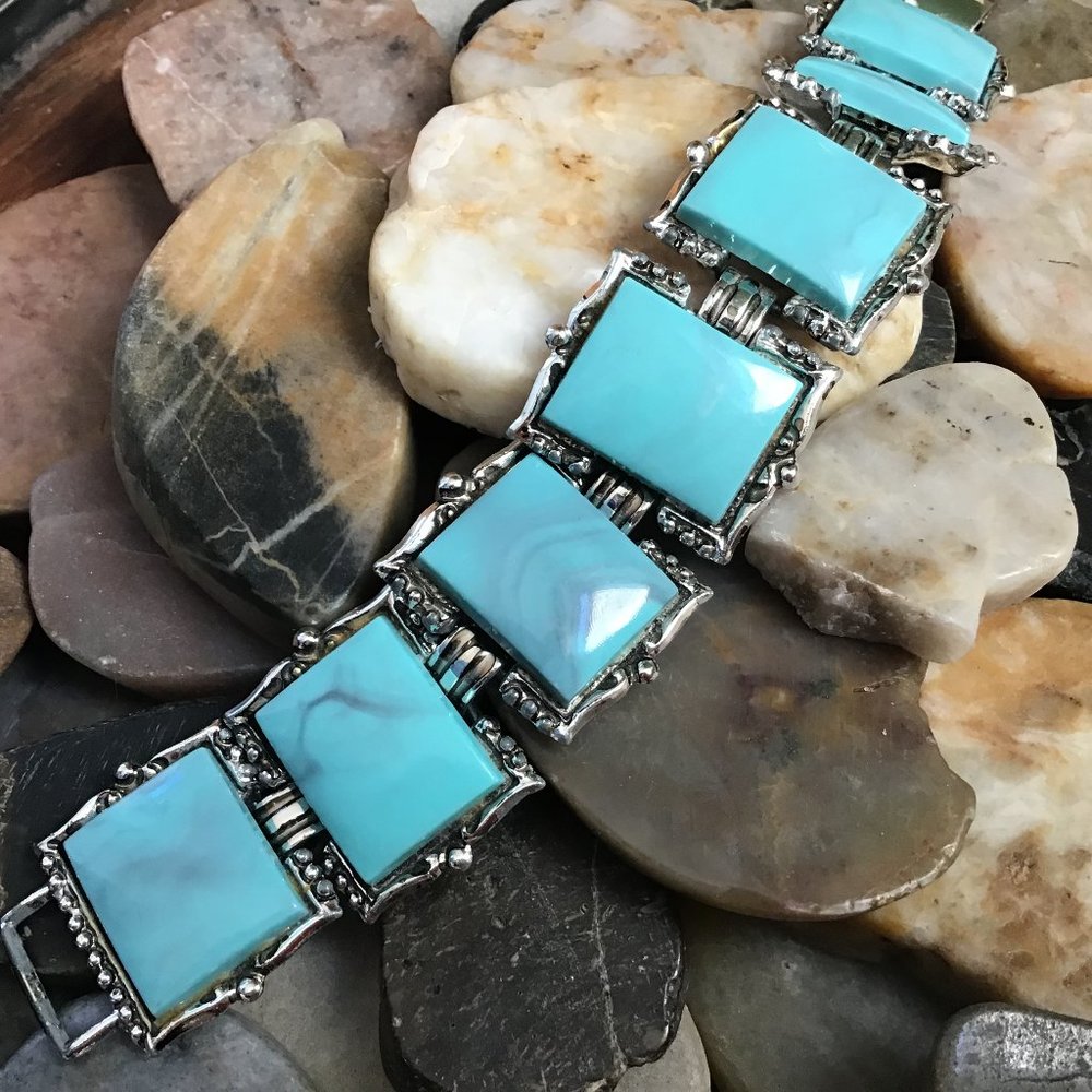 Vintage KARU Arke Inc. Bracelet Silver Tone Turquoise Signed